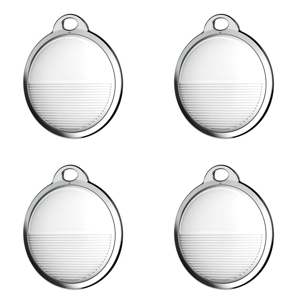 Four silver smart GPS pet trackers for Apple Find My, portable mini Bluetooth locator for dogs and cats.