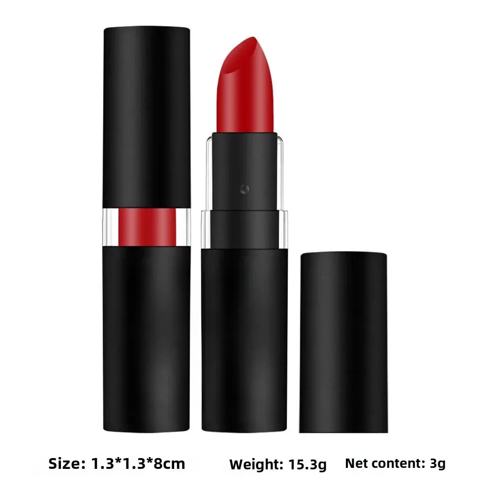 Matte dark wine red lipstick in a sleek black tube. Waterproof, long-lasting sexy red lip makeup for a bold look.