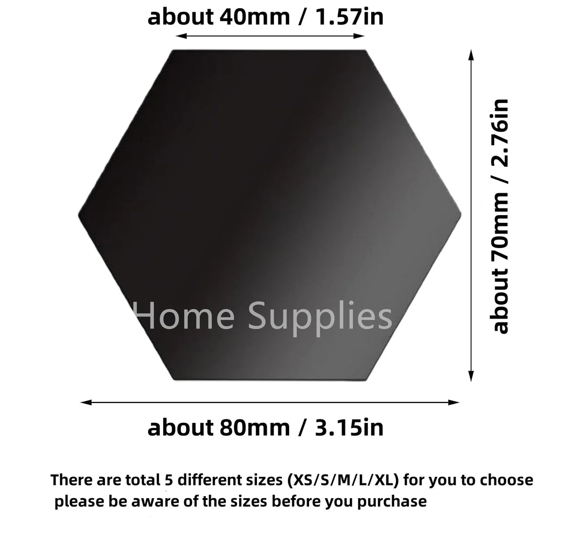 Hexagon mirror sticker size diagram, about 40mm across, dark hexagon