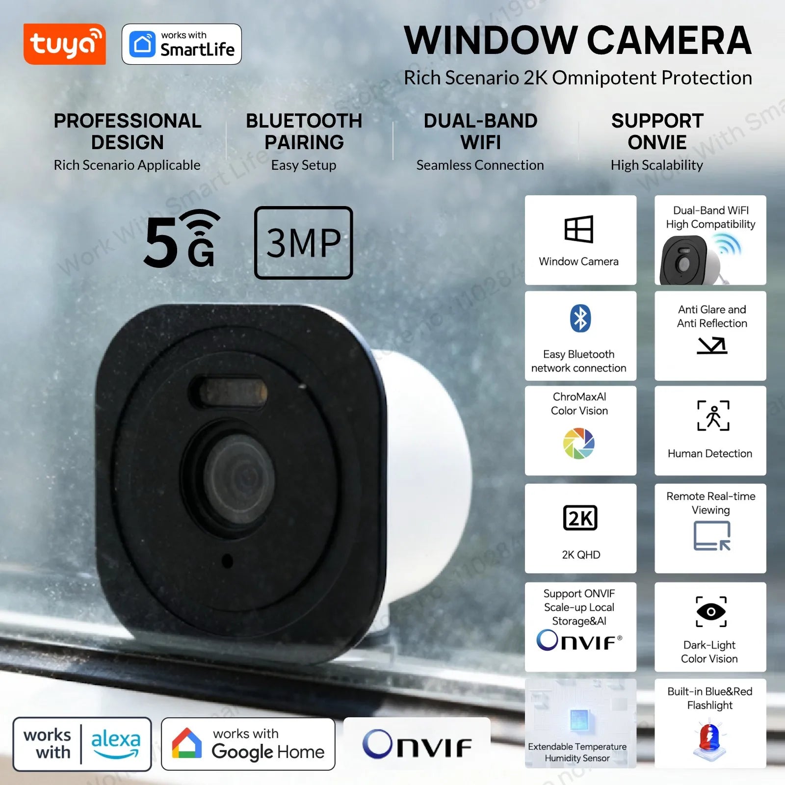 3MP 2K Tuya Window Camera,2.4GHz & 5GHz WiFi Indoor Cameras for Home Security W/Color Night Vision,Person Motion Detection,Easy