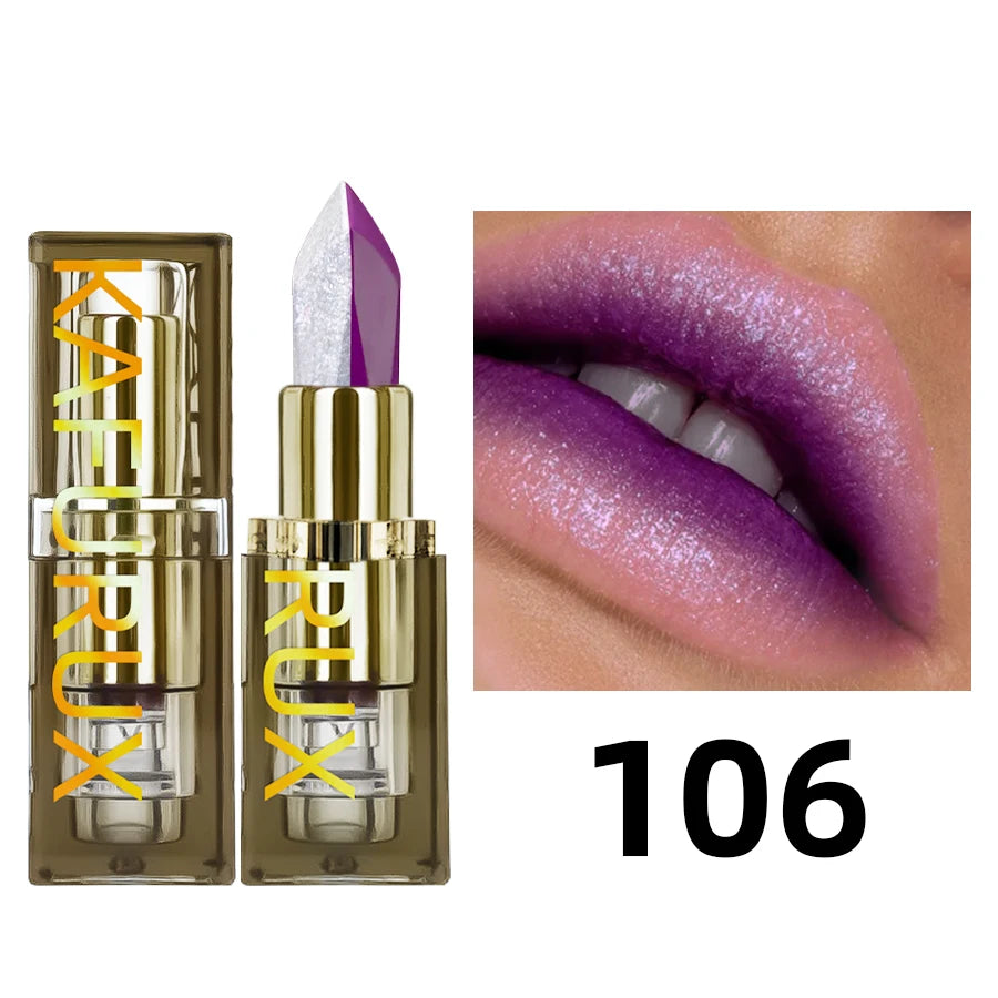 Two-tone purple and glitter lipstick, moisturizing matte finish with silver shimmer, showing 106 lip color swatch effect.