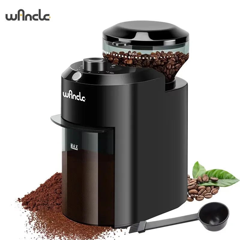 Wancle black electric burr coffee grinder with bean hopper, grounds container, and included scoop.