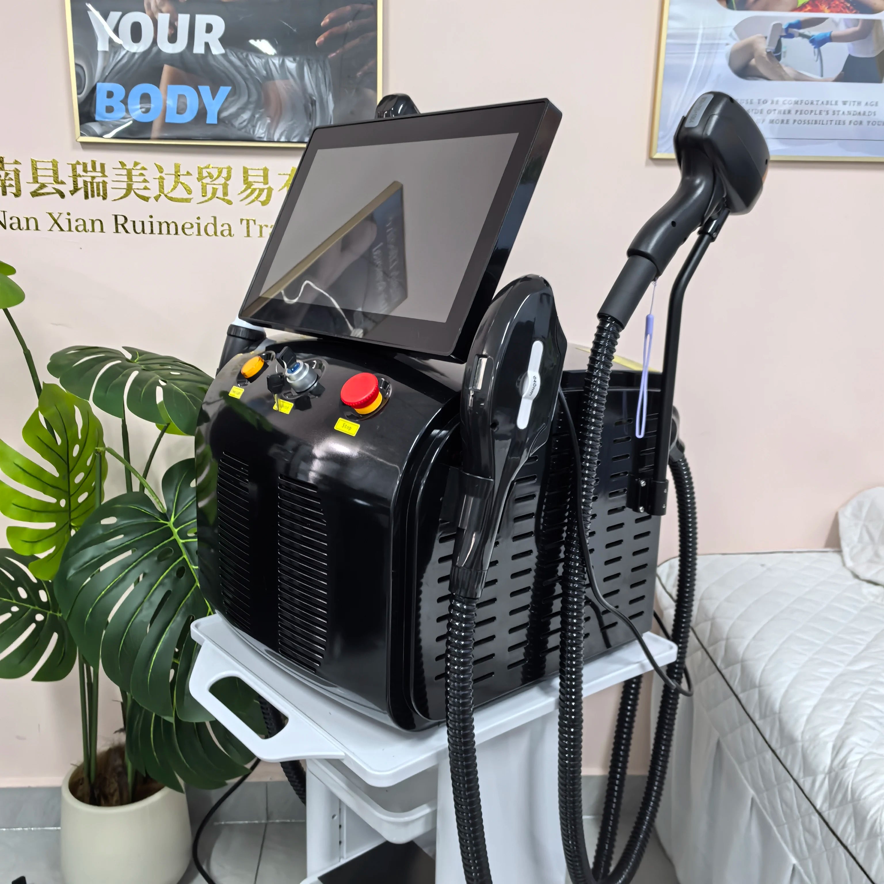 Tidesmit 4-in-1 4500W multifunctional beauty machine side view showing diode laser and RF skin rejuvenation controls