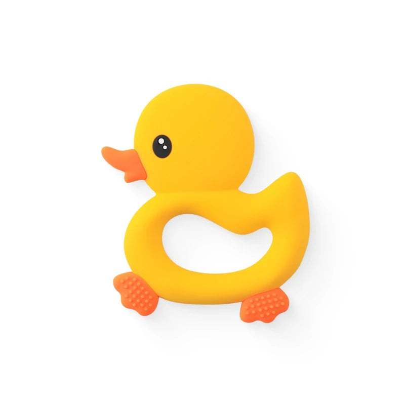 Yellow duck silicone teething toy for baby pain relief.