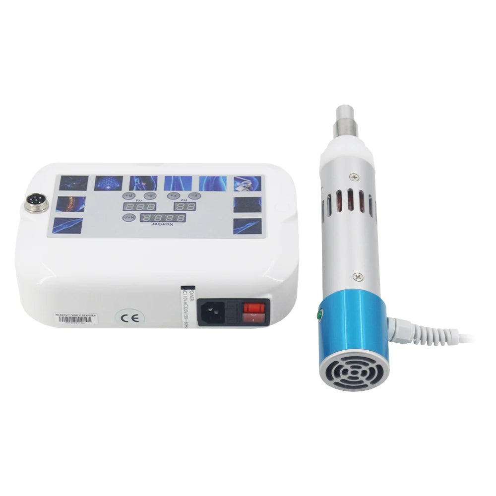 Portable 300mj shockwave therapy machine for physiotherapy and muscle pain relief with digital display and applicator.