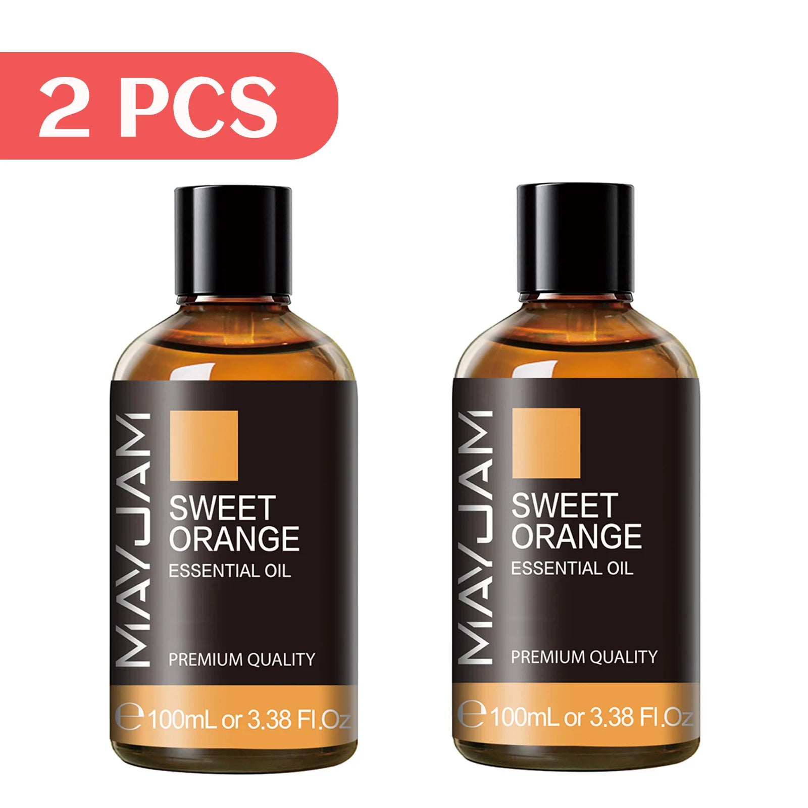 Sweet orange essential oil, 2-pack amber bottles with black caps, 100ml.