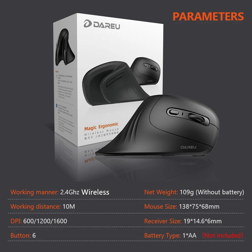 DAREU Ergonomic Vertical Wireless Mouse 2.4Ghz Optical Skin 6 Buttons Comfortable Gaming Mice with Adjustable DPI For Computer