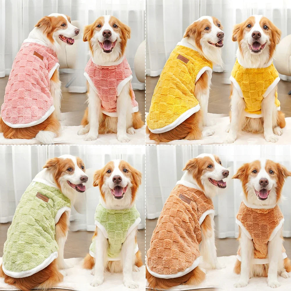 Warm winter dog sweater in various colors. Soft, cozy fleece pet vest for large dogs like Golden Retrievers. Sizes S-8XL.