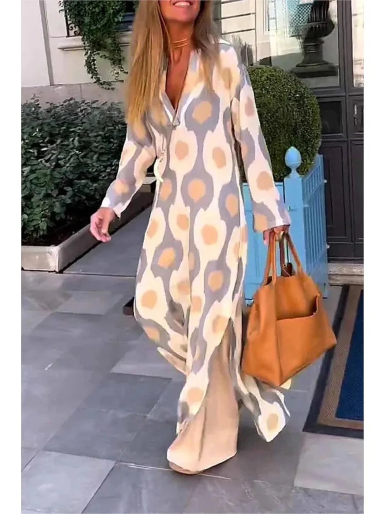 2024 Autumn Causal V NeckWomen Geometric  Maxi Dress  Long Sleeve Dresses Female Holiday Beach Boho Dress