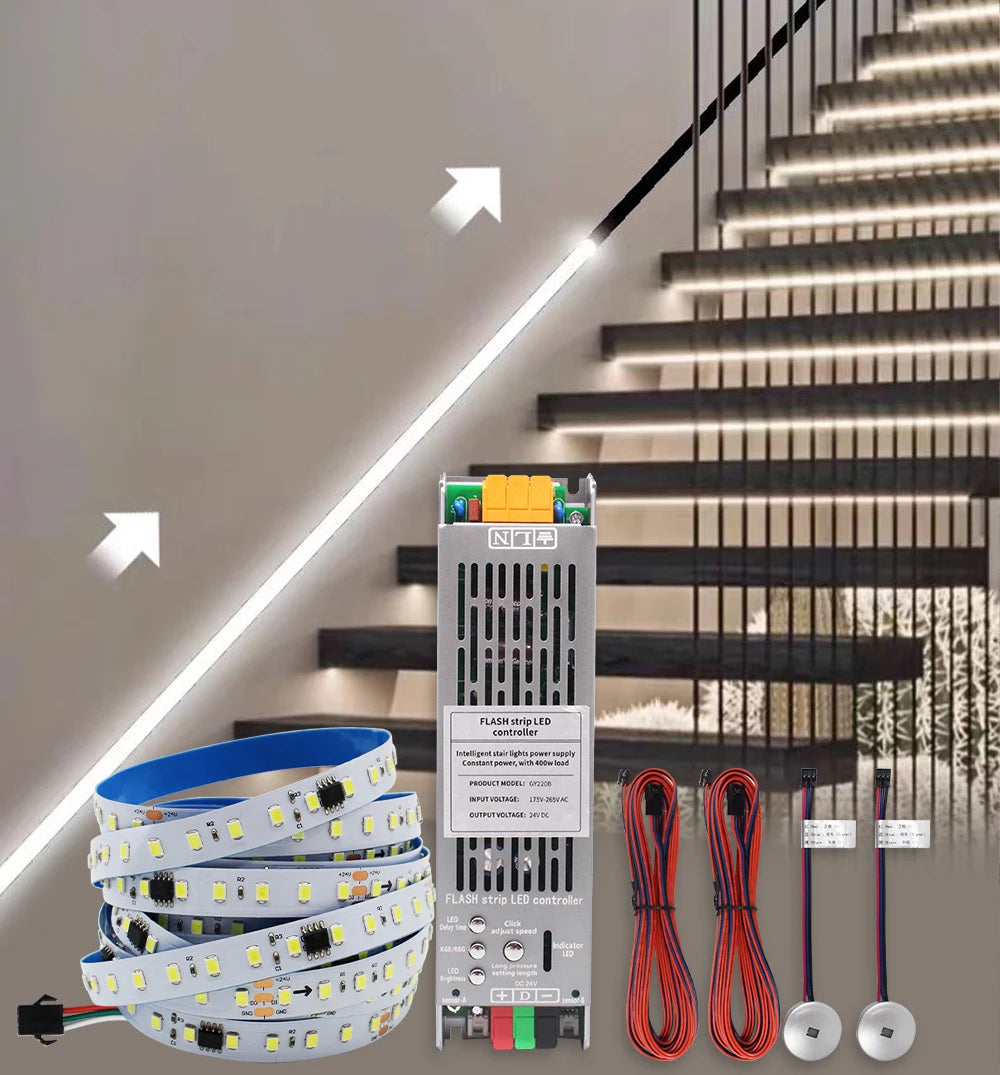 24V Running Water Flowing LED Strip Light 2in 1 PIR Motion Sensor Stair Controller for WS2811 Pixel Chasing Effect Tape Lamp
