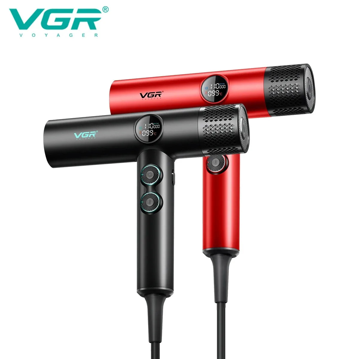 Black and red VGR leafless hair dryers with 110k RPM brushless motors, LCD displays, and sleek professional design.