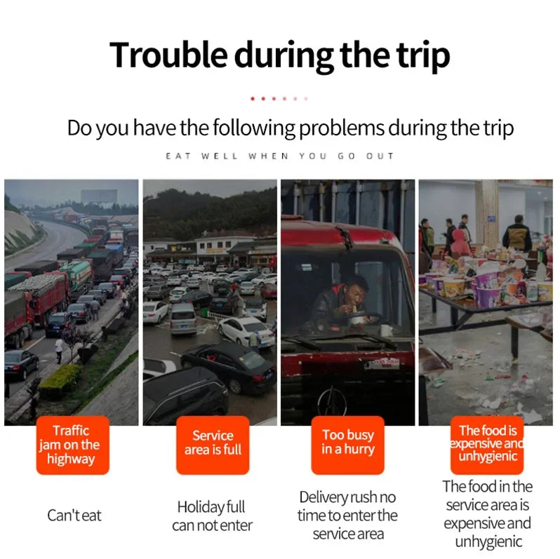 Travel problems infographic with traffic, cars, and food service scenes