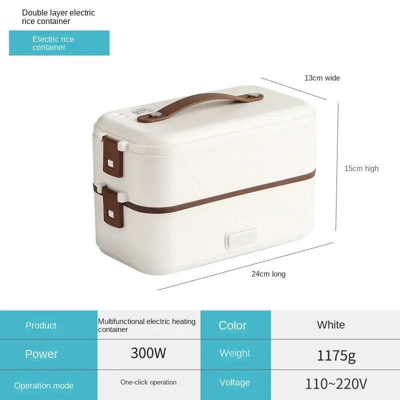 Double-layer electric rice container with carry handle, white