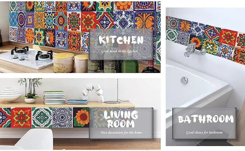 24pc Tile Stickers 4x4in Peel and Stick Backsplash Bathroom Waterproof Tile Stickers Colorful Mexican Tile Stick Home Decor