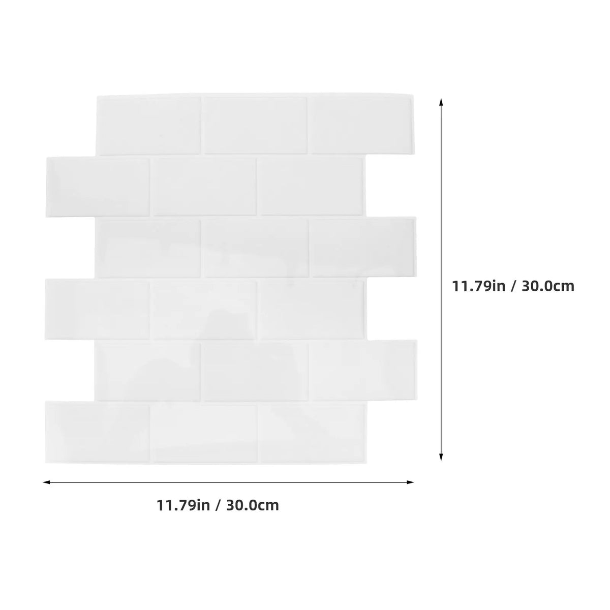 White subway-style peel-and-stick backsplash tile layout with 30cm x 30cm size