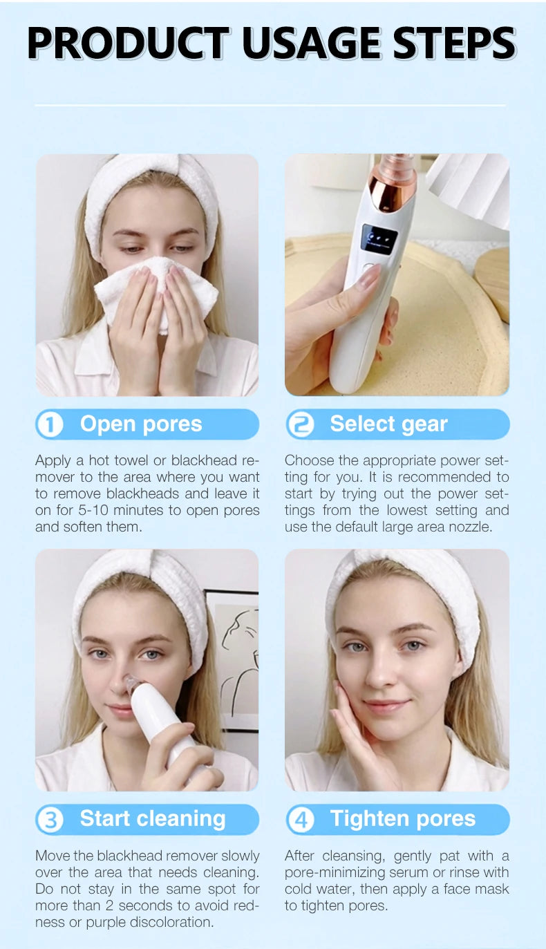 Electric blackhead remover vacuum pore cleaner with digital display showing 4-step facial acne extraction usage guide.