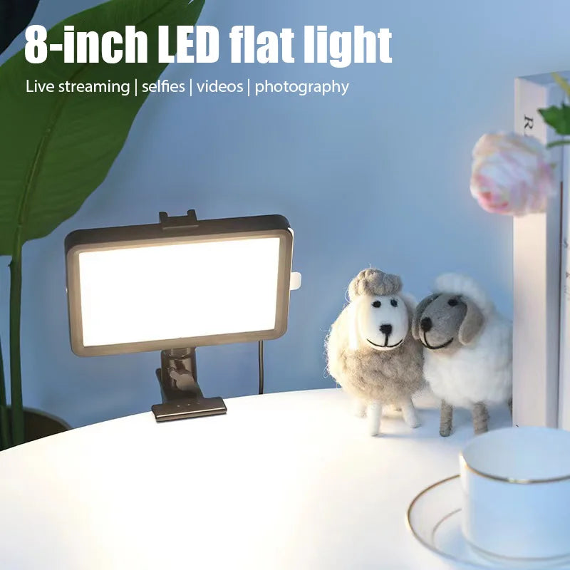8-inch rectangular LED flat light with black frame and mounting clip, used for streaming, photography, and video.