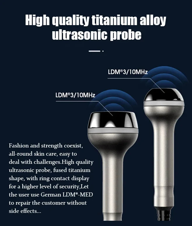 Titanium alloy ultrasonic LDM probe for anti-aging, wrinkle removal, and face lifting beauty machines.