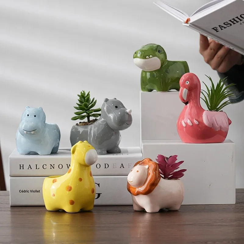 Animal Shape Ceramic Cartoon Flower Pot Simple Adorable Succulent Plant Pot Creative Home Gardening Pot and Plant Container
