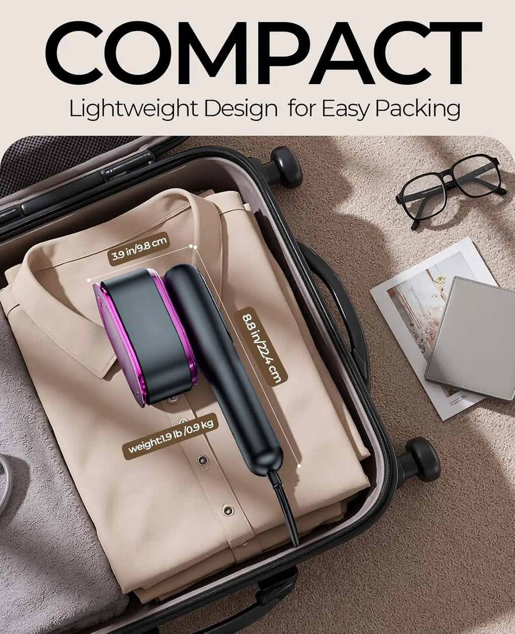 Tidesmit portable handheld mini garment steamer for dry and wet ironing of travel clothes