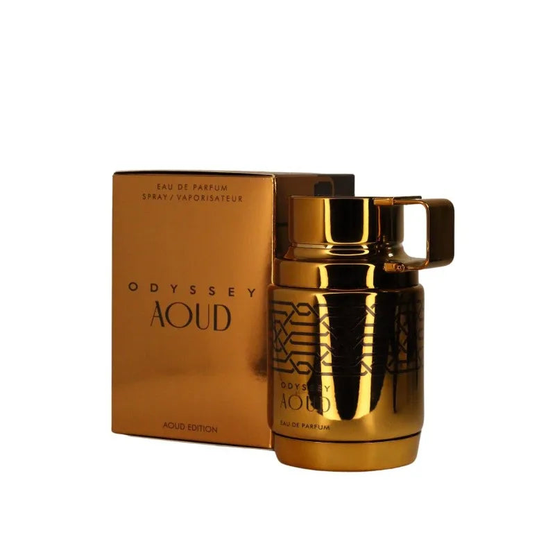 Armaf Odyssey Aoud EDP: Unisex woody Eau de Parfum in a gold cylindrical bottle with ornate details and matching box.