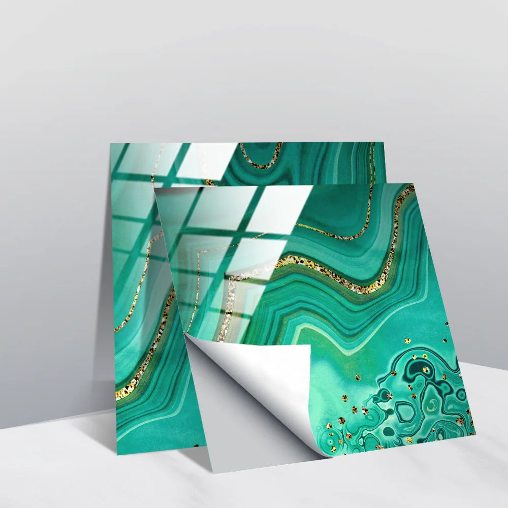 Peel-and-stick faux crystal tile wall stickers, teal marbled swirls with gold accents.