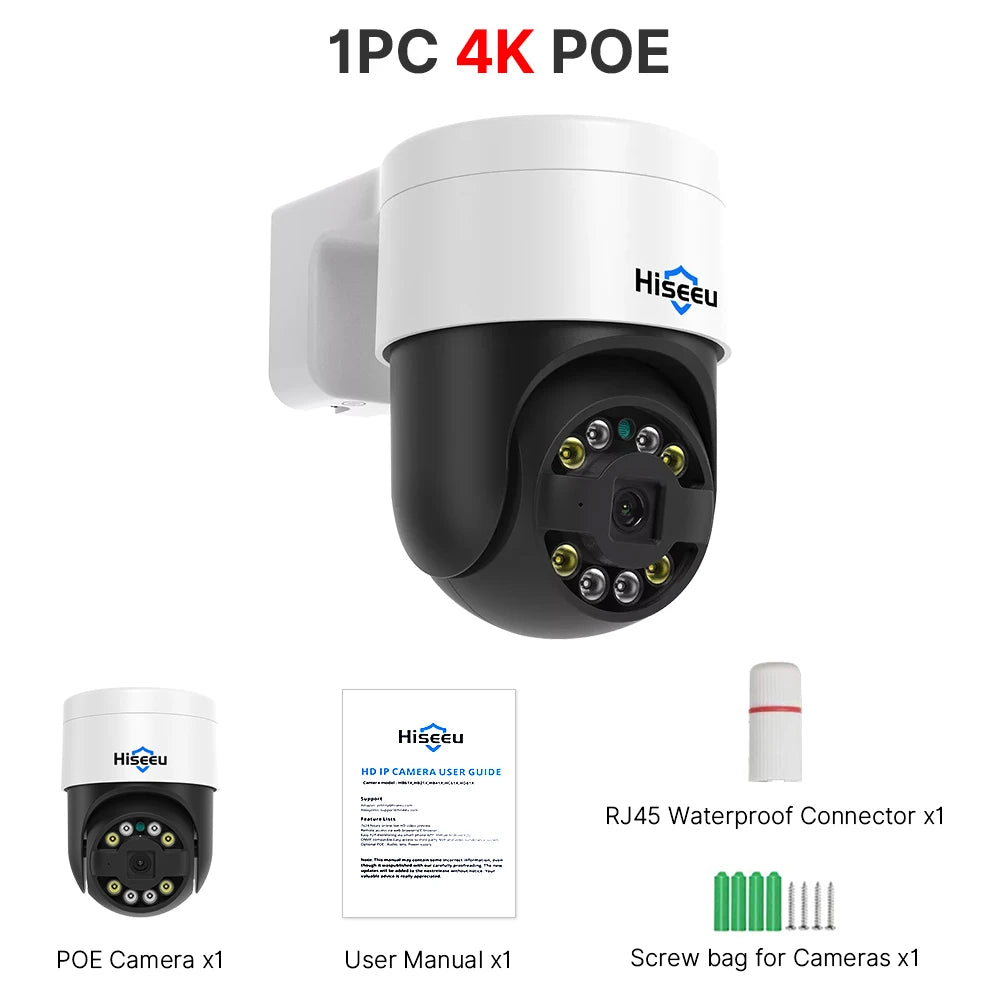 1PC 4K PoE outdoor security camera kit with accessories and user manual