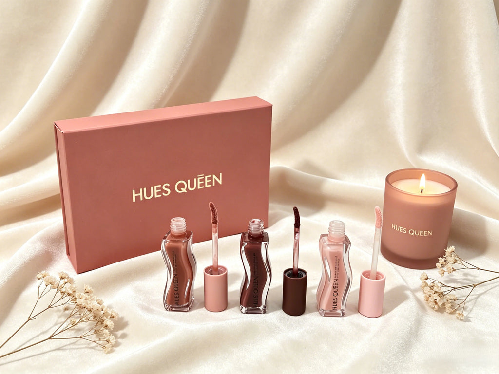 Hues Queen 3-color moisturizing lip gloss set with hydrating tints in nude, brown, and pink shades with wavy applicators.