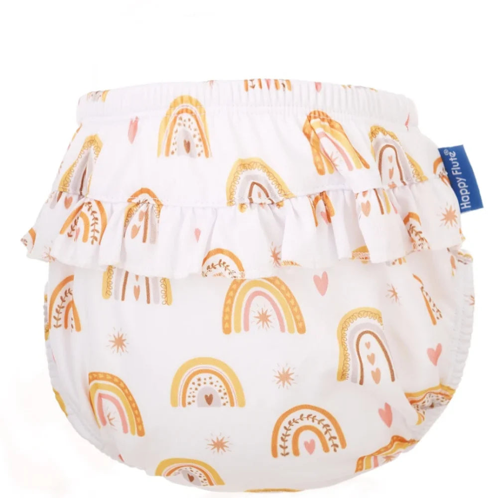 Happy Flute baby cloth diaper cover with ruffled trim and cute boho rainbow print.