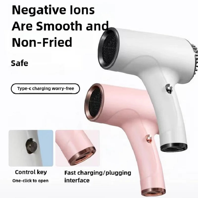 Wireless portable negative ion hair dryer in white and pink with Type-C charging and simple one-click control button.