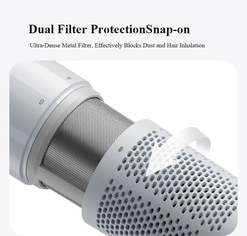 White high-speed hair dryer with snap-on dual metal filter for dust protection and professional noise reduction.