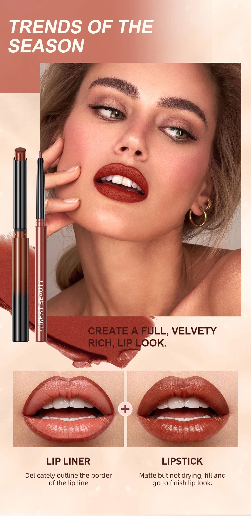QIBEST 2pcs matte velvet lipstick and lip liner pencil set for a rich, full-coverage red lip makeup look.