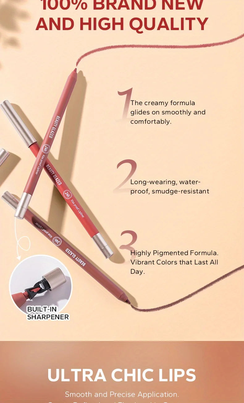 Beauty Glazed waterproof matte lip liner pencils in nude and pink shades with built-in sharpener for precise application.