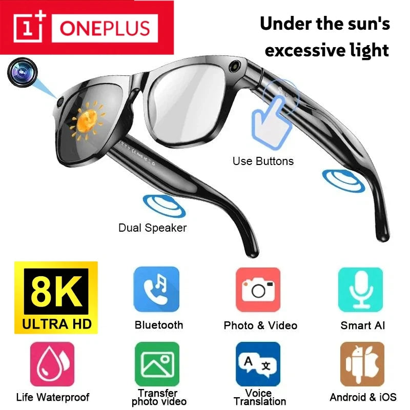 Black smart glasses with built-in camera, dual speakers, and Bluetooth for 8K video, audio, and voice translation.