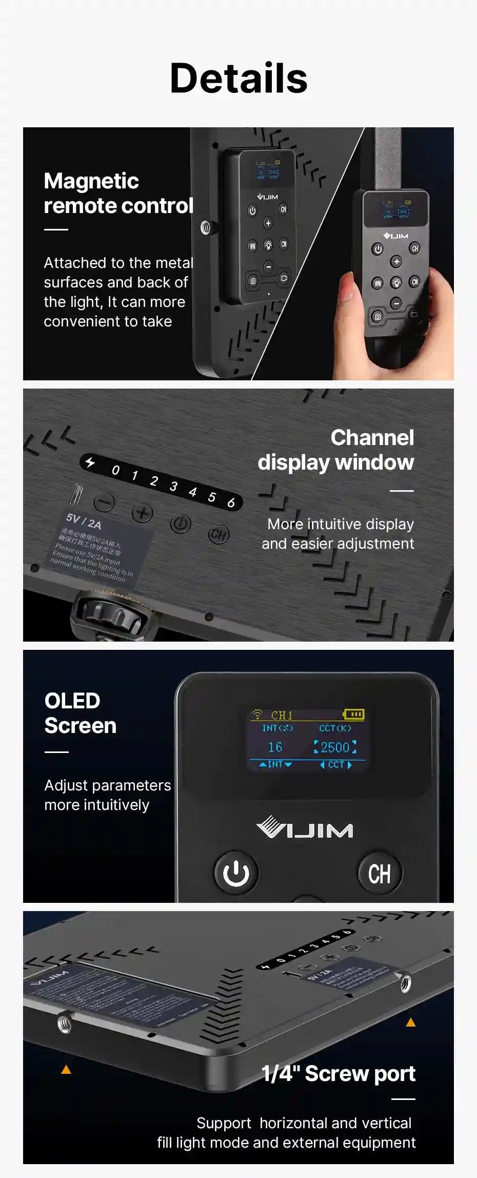Black rectangular LED fill light with a magnetic remote, OLED display, channel settings, and 1/4-inch mounting screw.