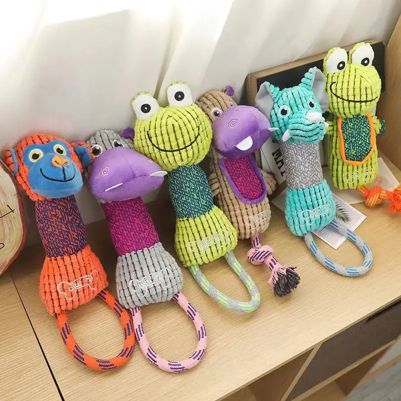 Cute animal-shaped plush rope dog toys for interactive chewing, dental cleaning, and puppy play. Soft, squeaky fabric.
