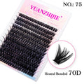 Tray of black, segmented mink cluster lashes (No. 75, 70D style) with a close-up of a single bonded lash cluster.