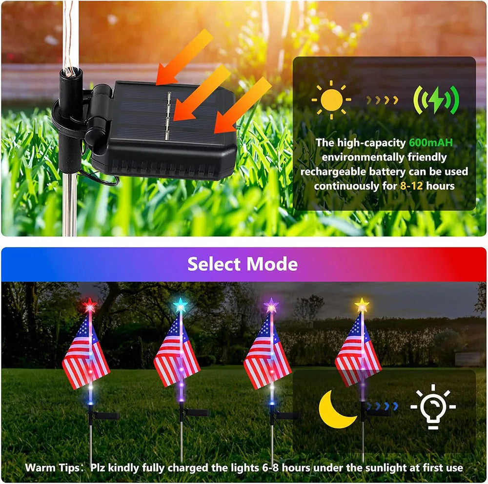 4Pcs LED American Flag Solar Lights Outdoor, 4th Of July Decoration Flag Lights with 2 Modes, Waterproof Summer Decora Garden Light, LED Solar Flag Patriotic Lights for Yard, Garden, Pathway, Independence Day, Memorial Day