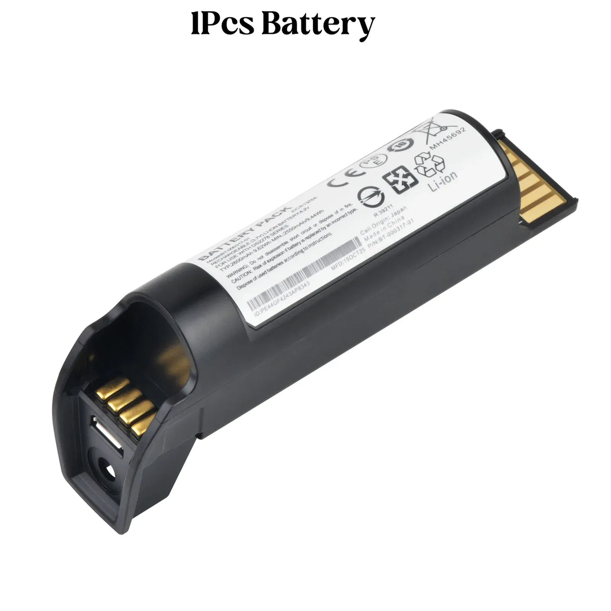Black Li-ion barcode scanner replacement battery with label and gold contact pins