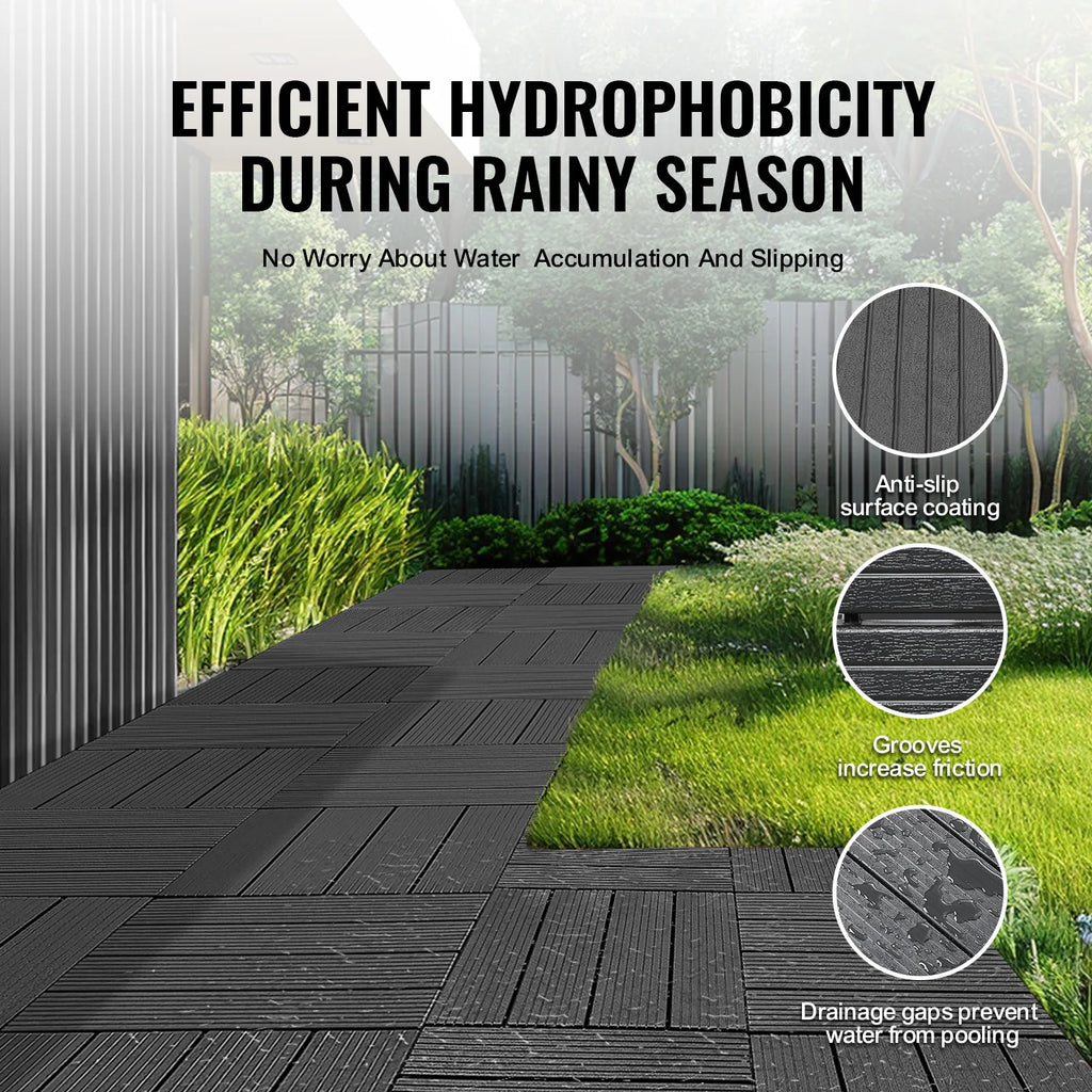 SucceBuy  Interlocking Deck Tiles Plastic Waterproof Outdoor Flooring All Weather Use Patio Floor for Porch Poolside Dark Grey