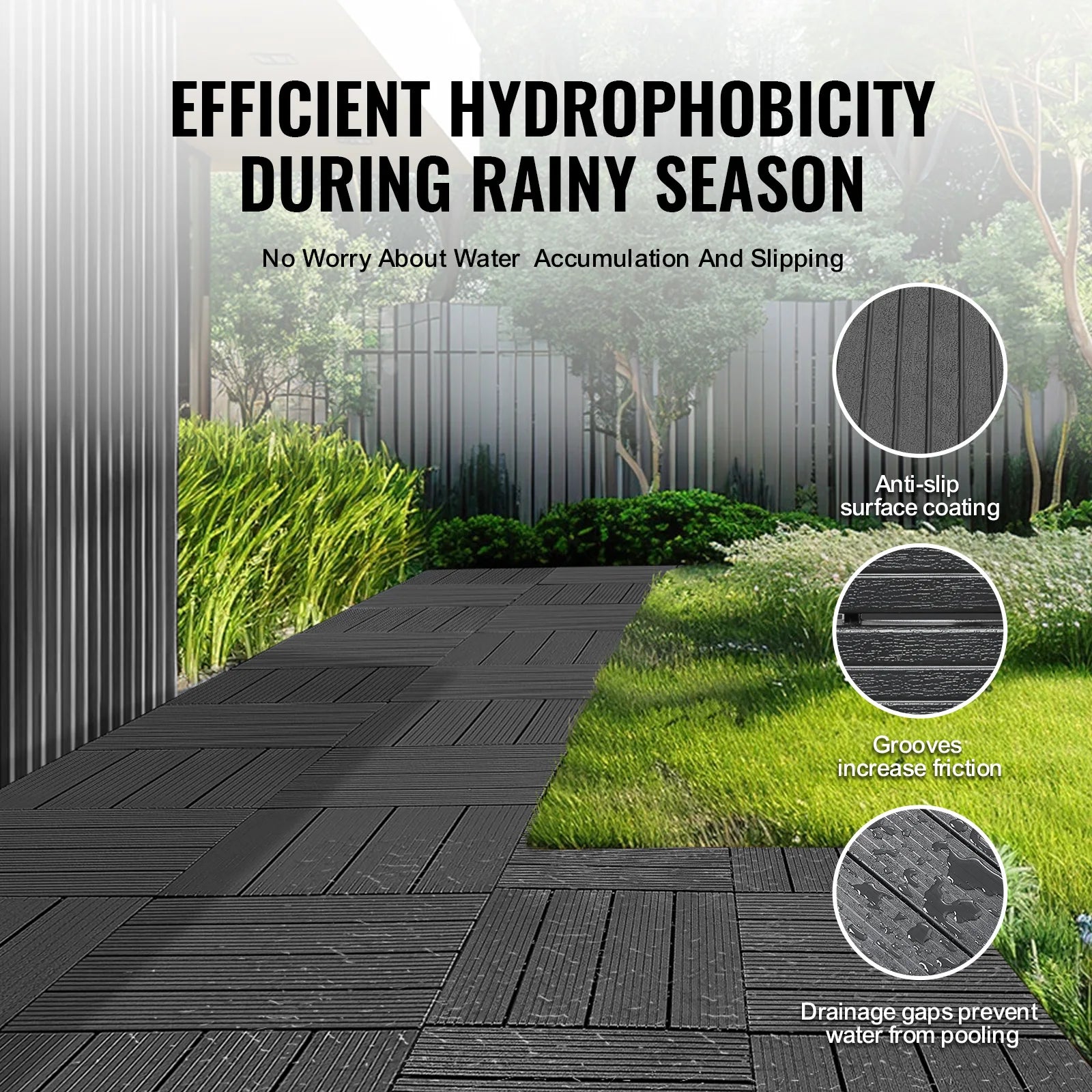 SucceBuy  Interlocking Deck Tiles Plastic Waterproof Outdoor Flooring All Weather Use Patio Floor for Porch Poolside Dark Grey