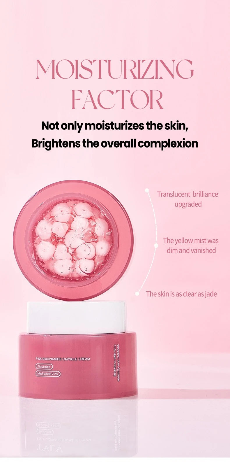Pink jar of collagen capsule face cream featuring visible pink spheres in a gel, with white cap on a pink background.