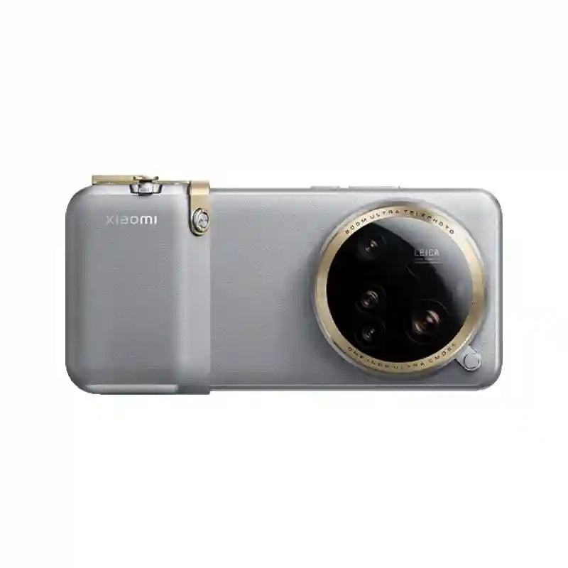 Silver Xiaomi 14 Ultra photography kit case with a textured grip, gold accents, and a large circular camera module.