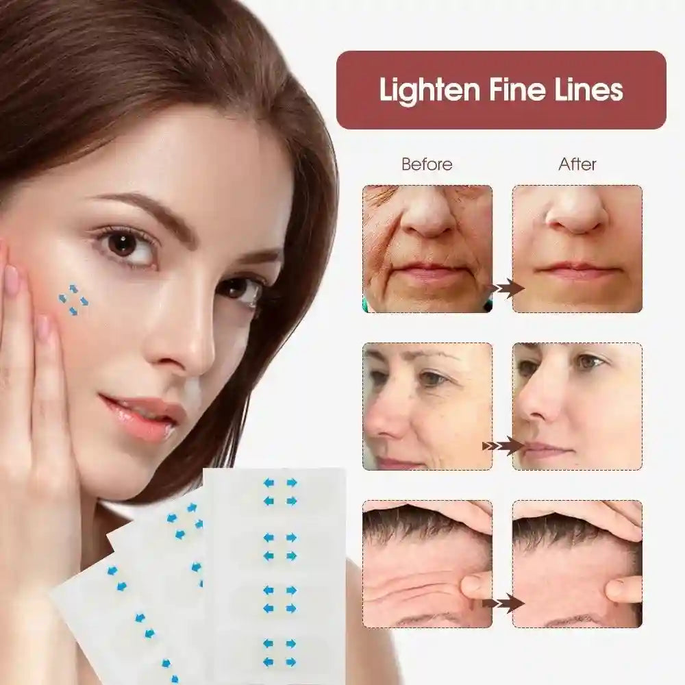 Clear adhesive wrinkle patches shown with before-and-after facial results for smoothing fine lines and skin tightening.