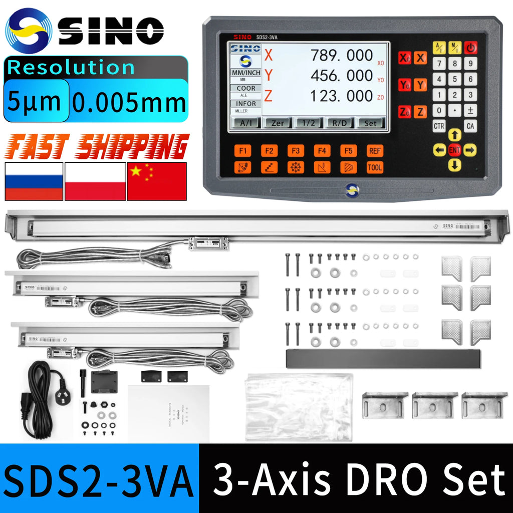 SINO SDS2-3VA Set 3 Axis And 2 Axis LCD DRO Kit Digital Readout KA35 Glass Linear Scale Encoders For Lathe Grinder Milling