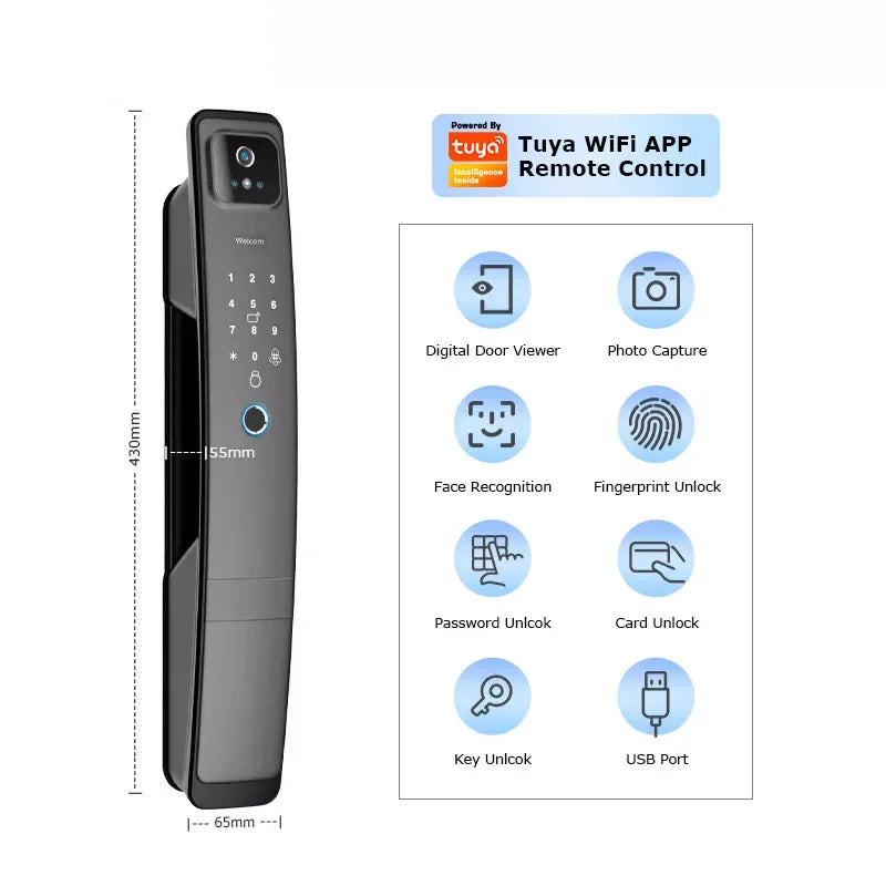 WiFi Tuya APP English/Russian/Spanish/Portuguese Voice Digital 3D Face Recognition Fingerprint Smart Door Lock