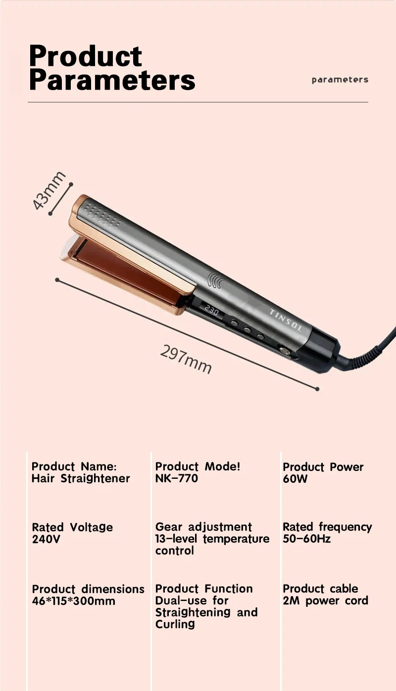 TINSOL 2-in-1 professional hair straightener and curling iron with LCD screen, wide plates, and ionic technology.
