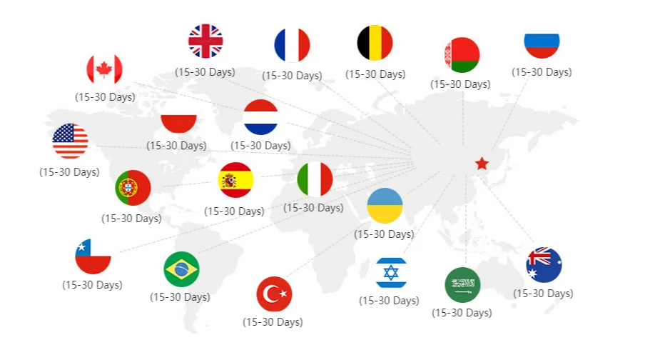 Map showing international shipping times of 15-30 days from the main warehouse location to various countries globally.