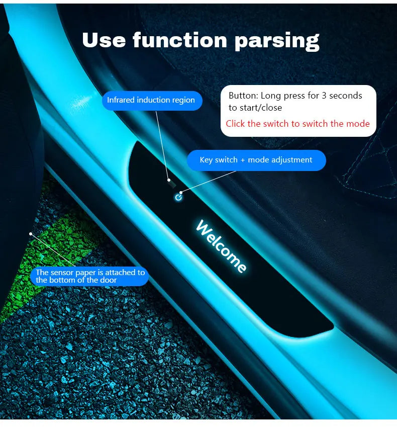 Black LED car door sill protector with blue light, featuring an infrared sensor and power button to toggle light modes.