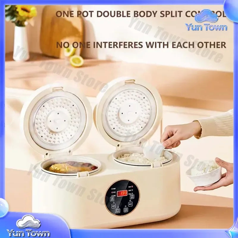 White double rice cooker with both lids open and control panel display